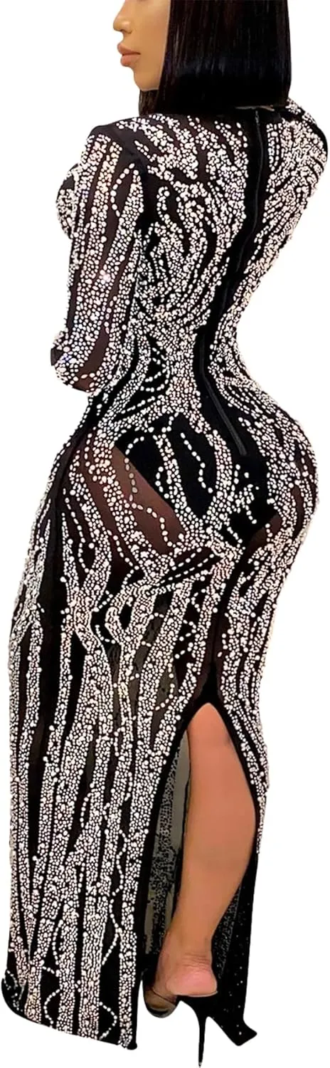 CUTUBLY Sexy Rhinestone Dresses Wrap Hip Sling Mesh Long Dress Evening Cocktail Club Night Outfit
