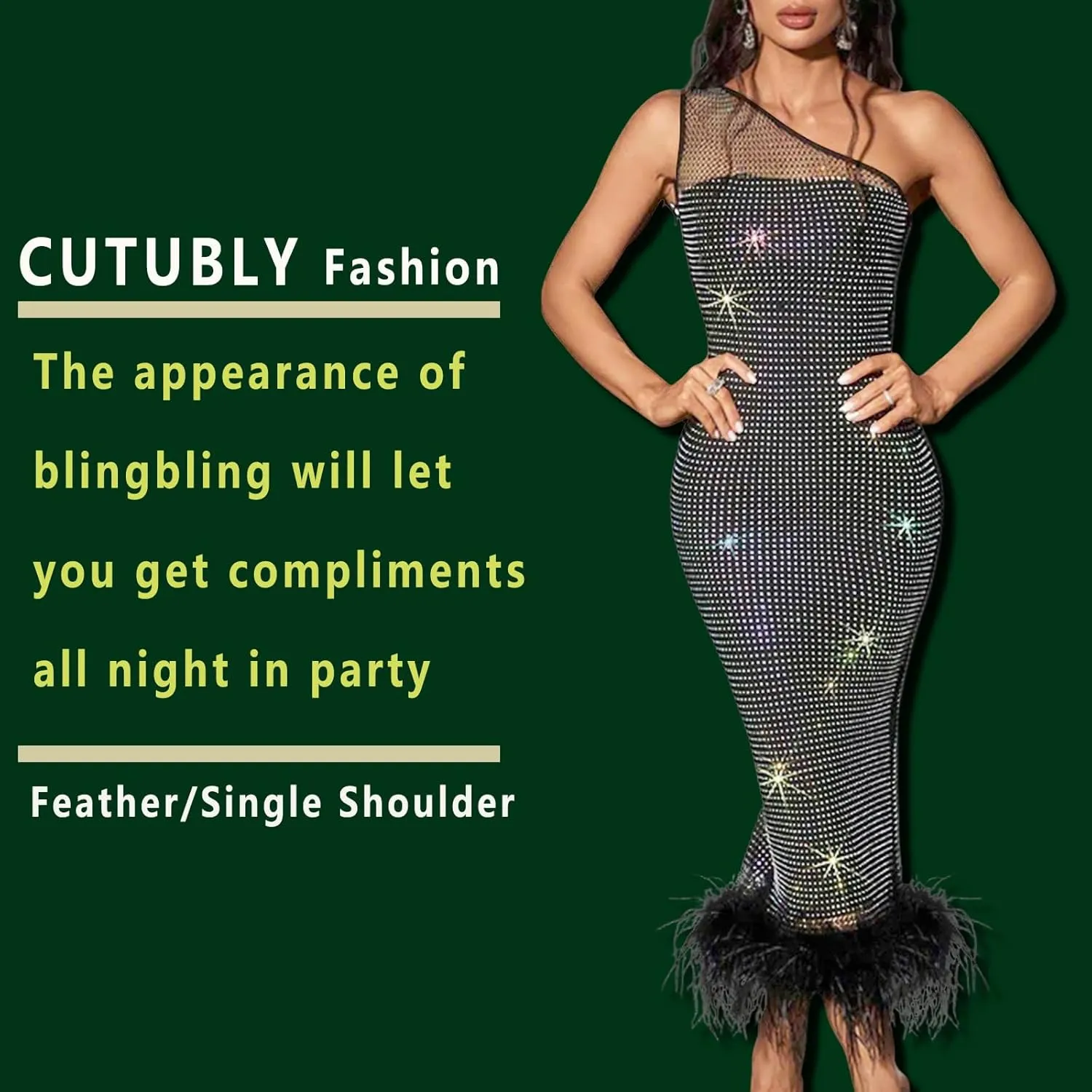 CUTUBLY Sexy Rhinestone Dresses Wrap Hip Sling Mesh Long Dress Evening Cocktail Club Night Outfit