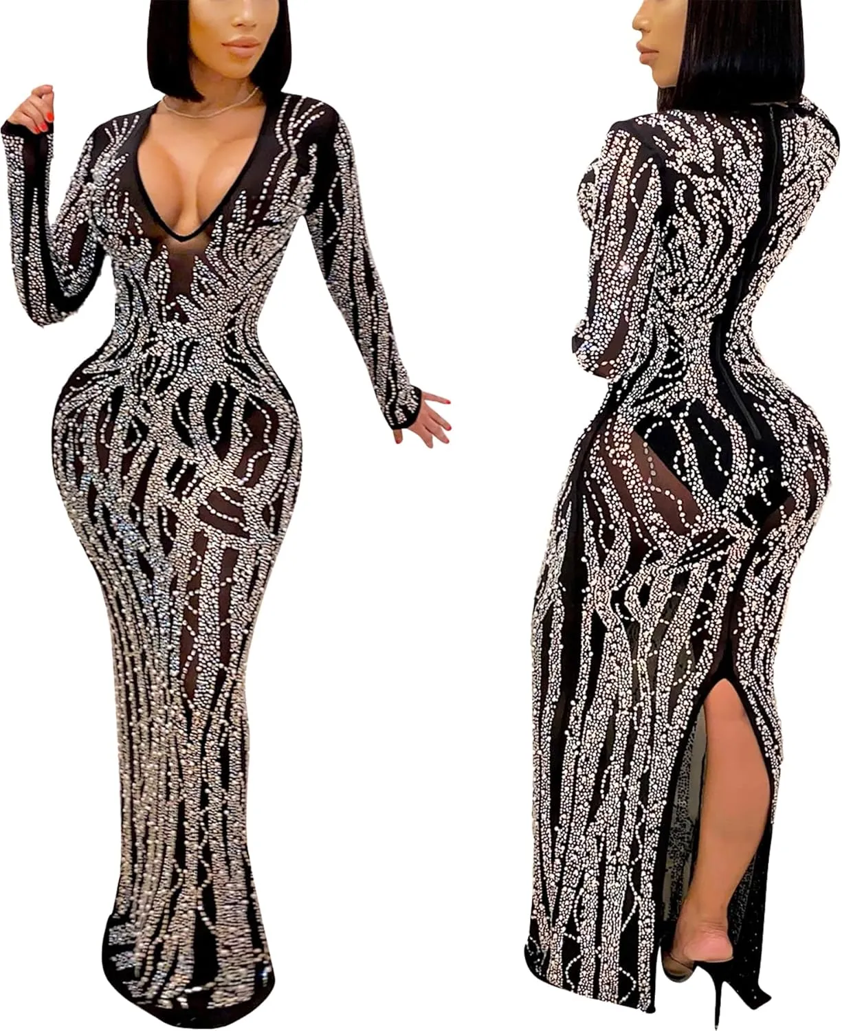CUTUBLY Sexy Rhinestone Dresses Wrap Hip Sling Mesh Long Dress Evening Cocktail Club Night Outfit
