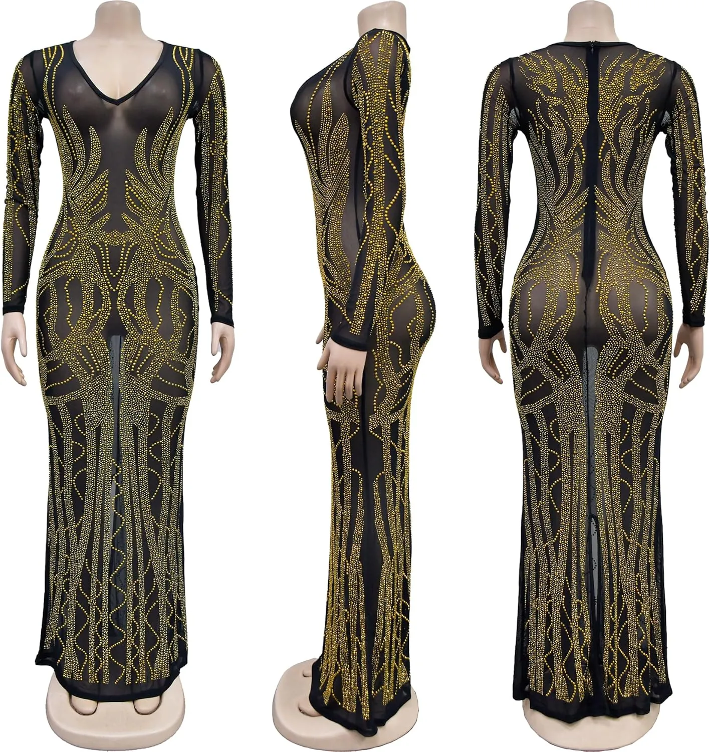 CUTUBLY Sexy Rhinestone Dresses Wrap Hip Sling Mesh Long Dress Evening Cocktail Club Night Outfit