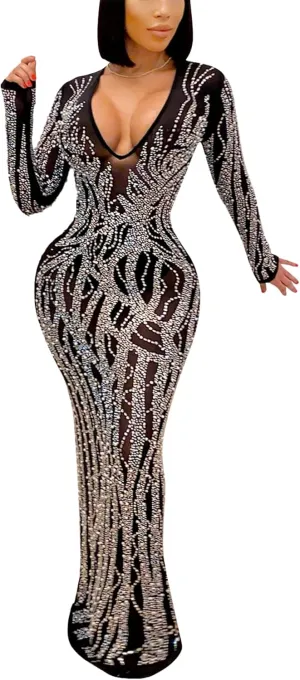 CUTUBLY Sexy Rhinestone Dresses Wrap Hip Sling Mesh Long Dress Evening Cocktail Club Night Outfit