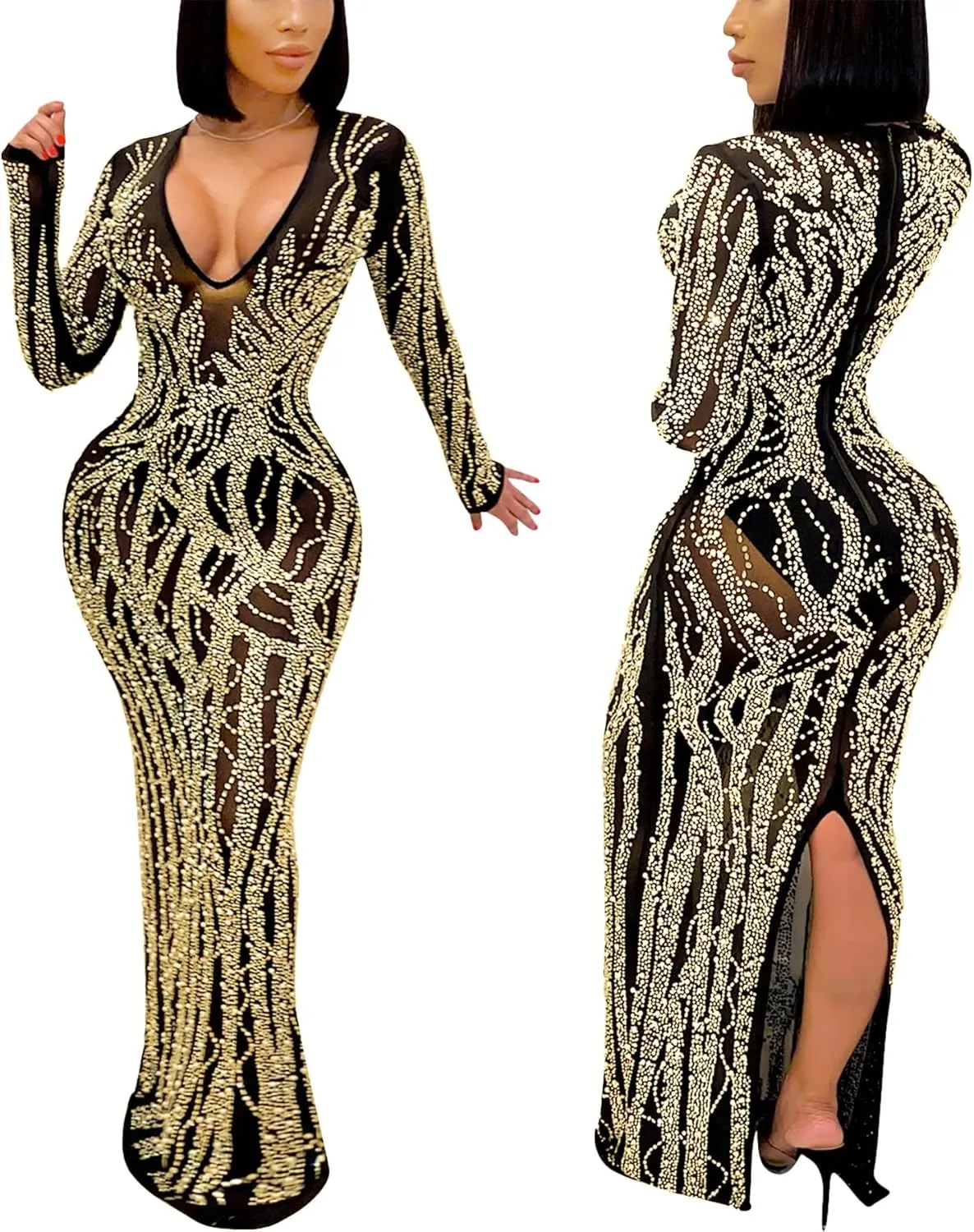 CUTUBLY Sexy Rhinestone Dresses Wrap Hip Sling Mesh Long Dress Evening Cocktail Club Night Outfit
