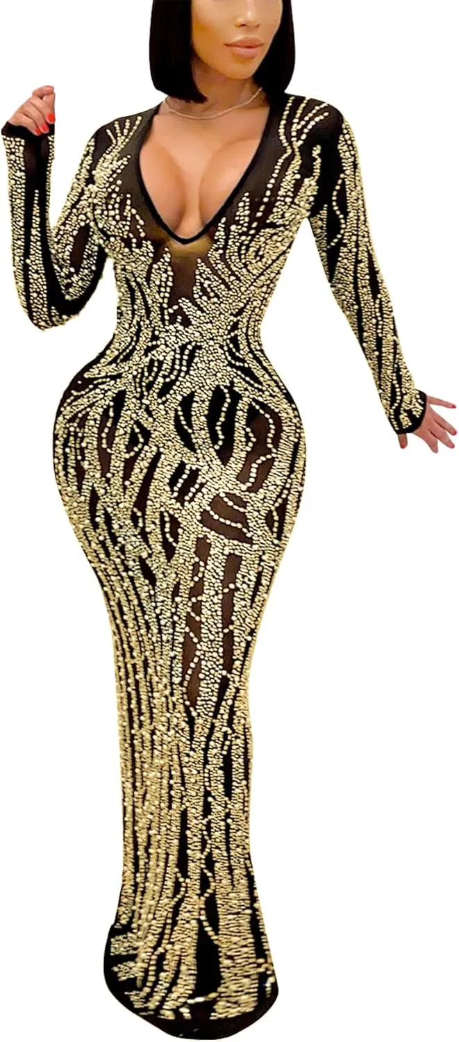 CUTUBLY Sexy Rhinestone Dresses Wrap Hip Sling Mesh Long Dress Evening Cocktail Club Night Outfit