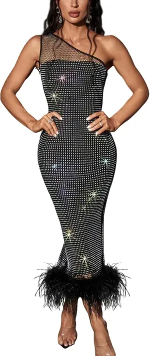 CUTUBLY Sexy Rhinestone Dresses Wrap Hip Sling Mesh Long Dress Evening Cocktail Club Night Outfit