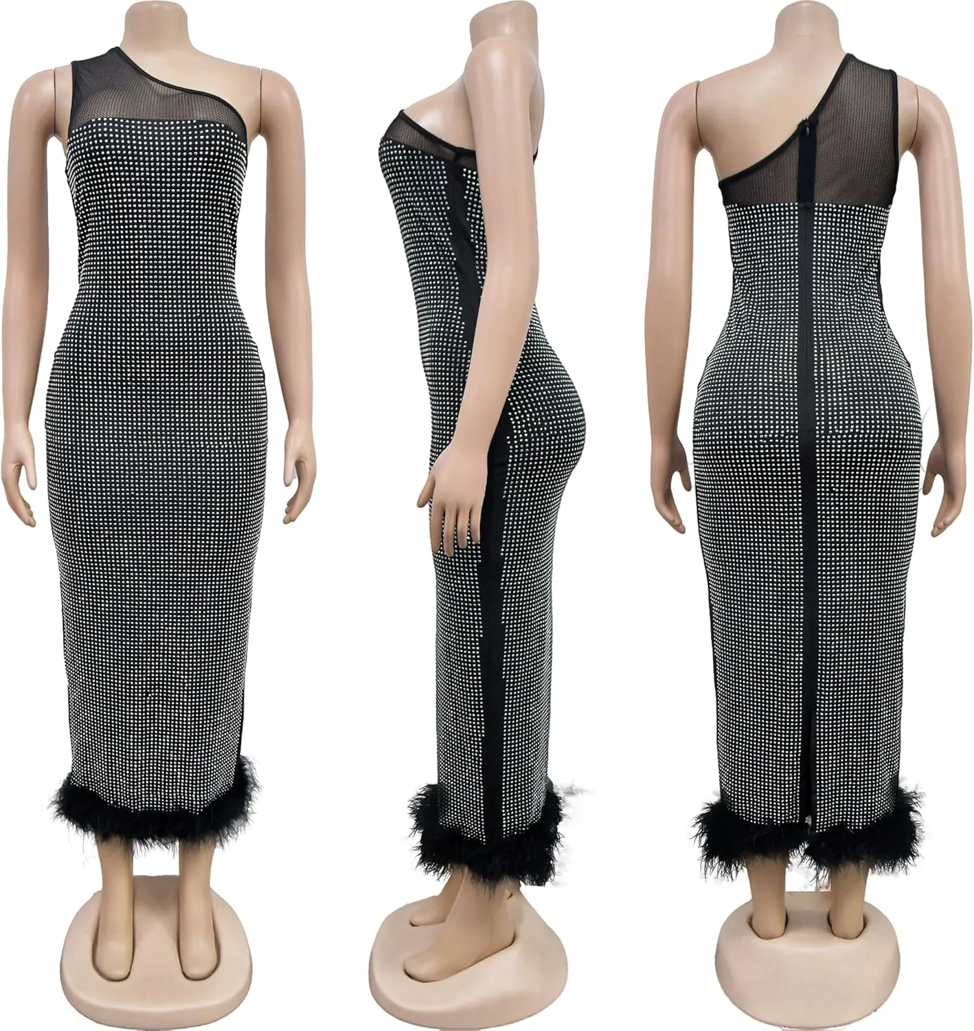 CUTUBLY Sexy Rhinestone Dresses Wrap Hip Sling Mesh Long Dress Evening Cocktail Club Night Outfit