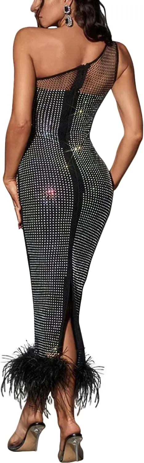 CUTUBLY Sexy Rhinestone Dresses Wrap Hip Sling Mesh Long Dress Evening Cocktail Club Night Outfit