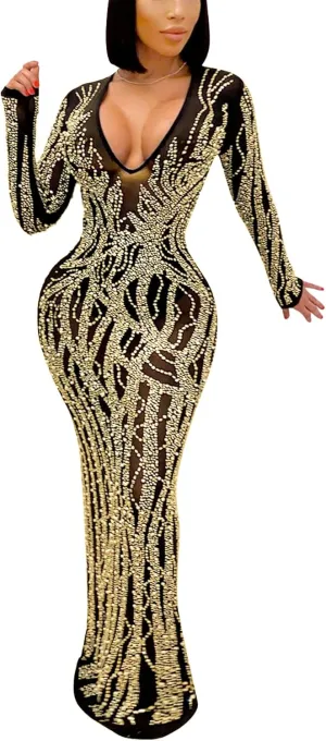 CUTUBLY Sexy Rhinestone Dresses Wrap Hip Sling Mesh Long Dress Evening Cocktail Club Night Outfit