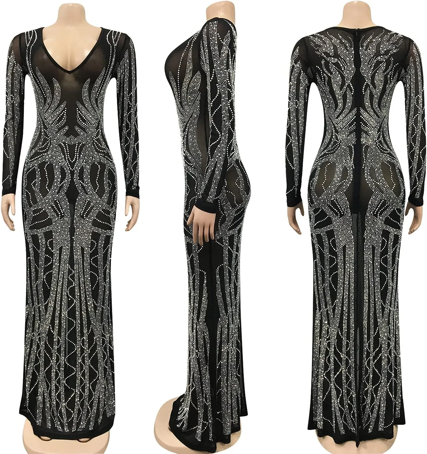 CUTUBLY Sexy Rhinestone Dresses Wrap Hip Sling Mesh Long Dress Evening Cocktail Club Night Outfit