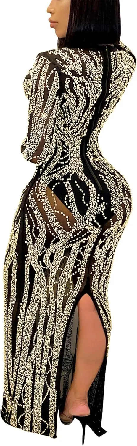 CUTUBLY Sexy Rhinestone Dresses Wrap Hip Sling Mesh Long Dress Evening Cocktail Club Night Outfit