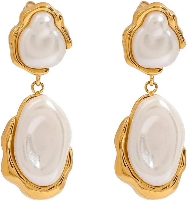 Dainty Irregular Pearl Dangle Drop Earrings for Women Minimalist Stainless Steel 14k Gold Plated Double Pearl Hypoallergenic Statement Dangling Bridal Wedding Party Prom Fashion Jewelry