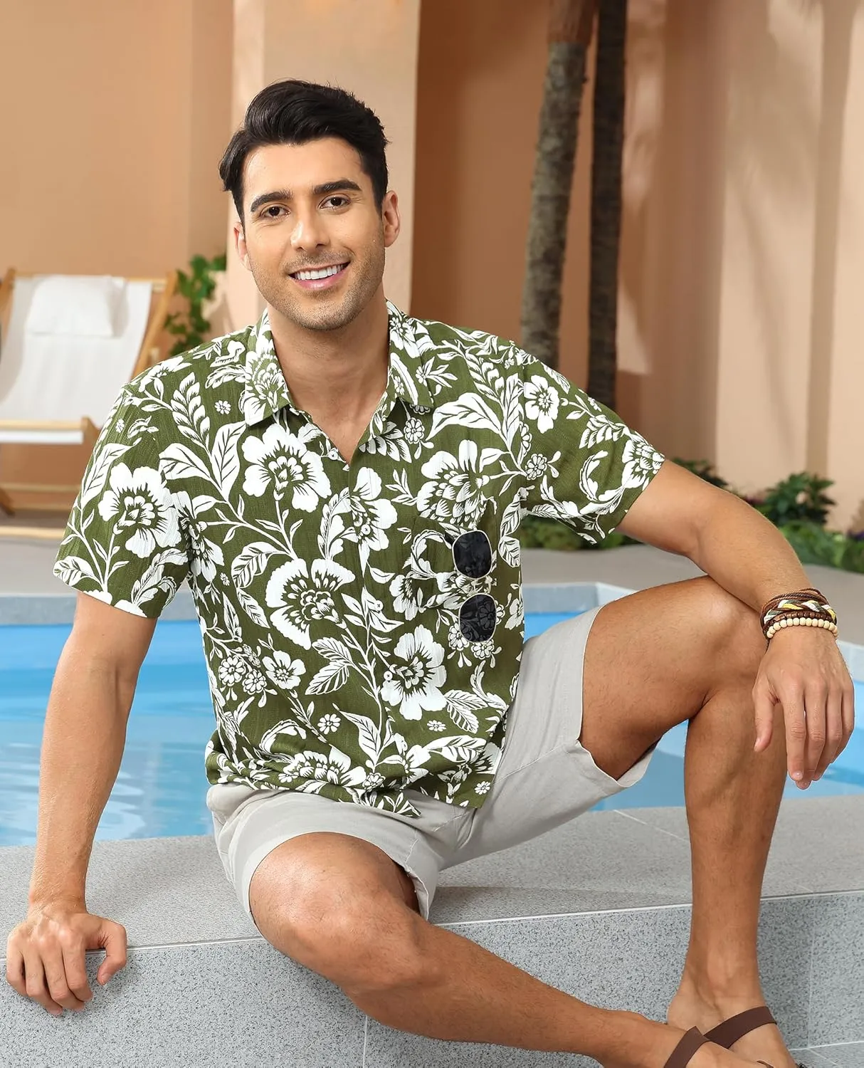 DEMEANOR Hawaiian Shirt for Men Short Sleeve Floral Button Down Shirt Tropical Hawaiian Shirts Casual Linen Shirts Beach
