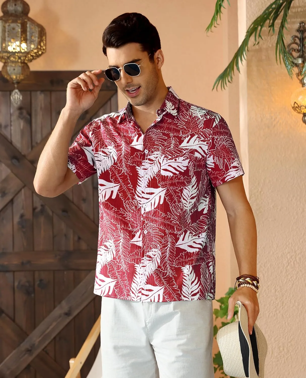 DEMEANOR Hawaiian Shirt for Men Short Sleeve Floral Button Down Shirt Tropical Hawaiian Shirts Casual Linen Shirts Beach