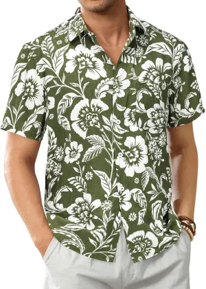 DEMEANOR Hawaiian Shirt for Men Short Sleeve Floral Button Down Shirt Tropical Hawaiian Shirts Casual Linen Shirts Beach
