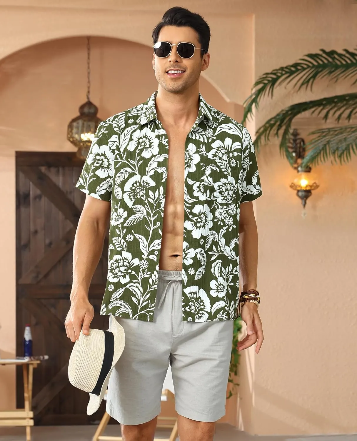 DEMEANOR Hawaiian Shirt for Men Short Sleeve Floral Button Down Shirt Tropical Hawaiian Shirts Casual Linen Shirts Beach