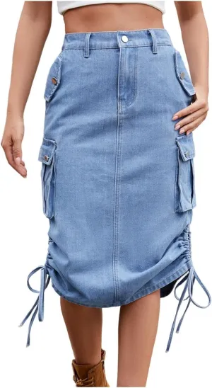 Denim Cargo Skirt Women Midi Skirt Pockets Ruched Street Jean Outfit