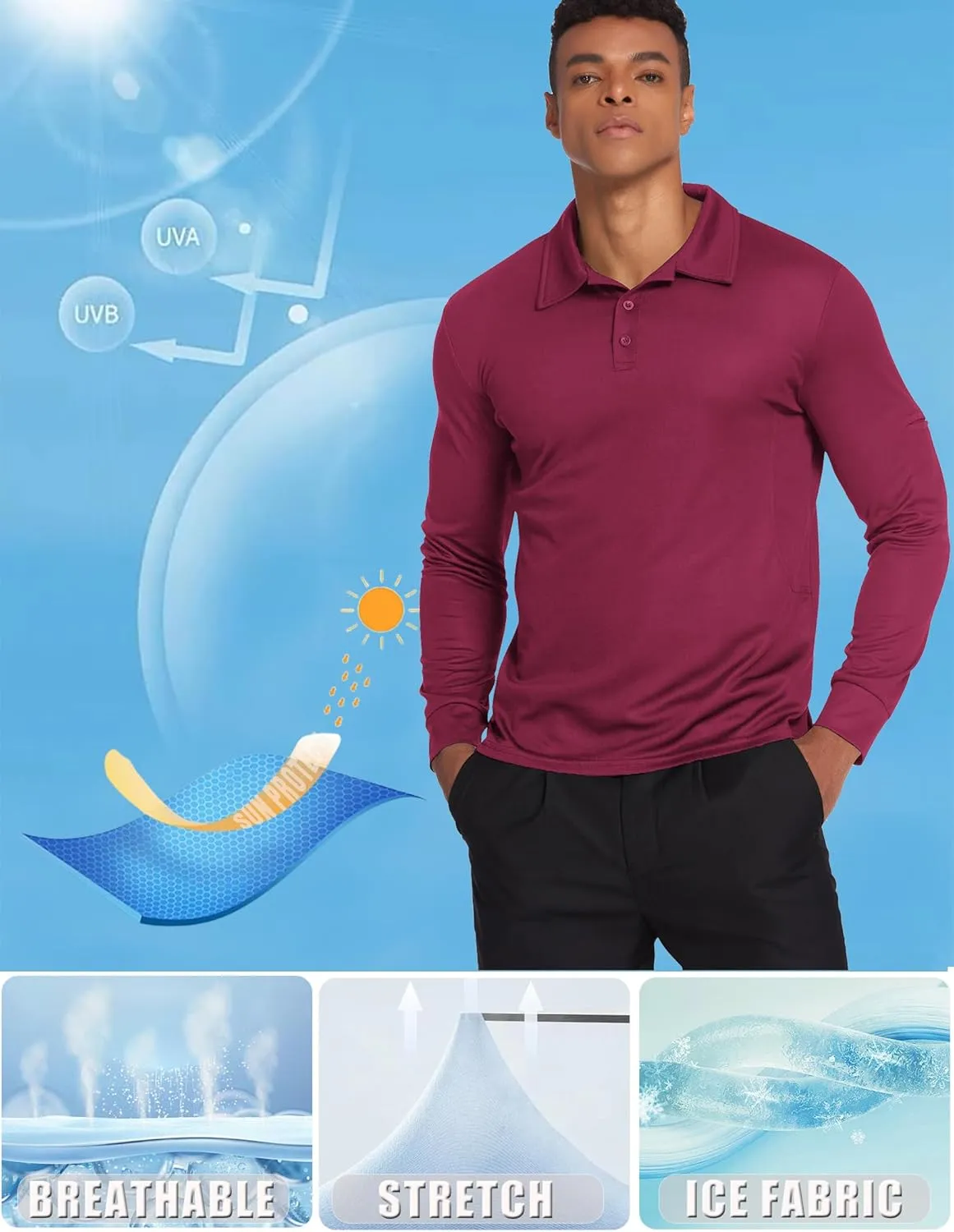 Deyeek Men's Polo Shirts Long Sleeve Golf Polo Shirts for Men Quick Dry UPF 50  Sun Protection Polos Casual Collared Shirts