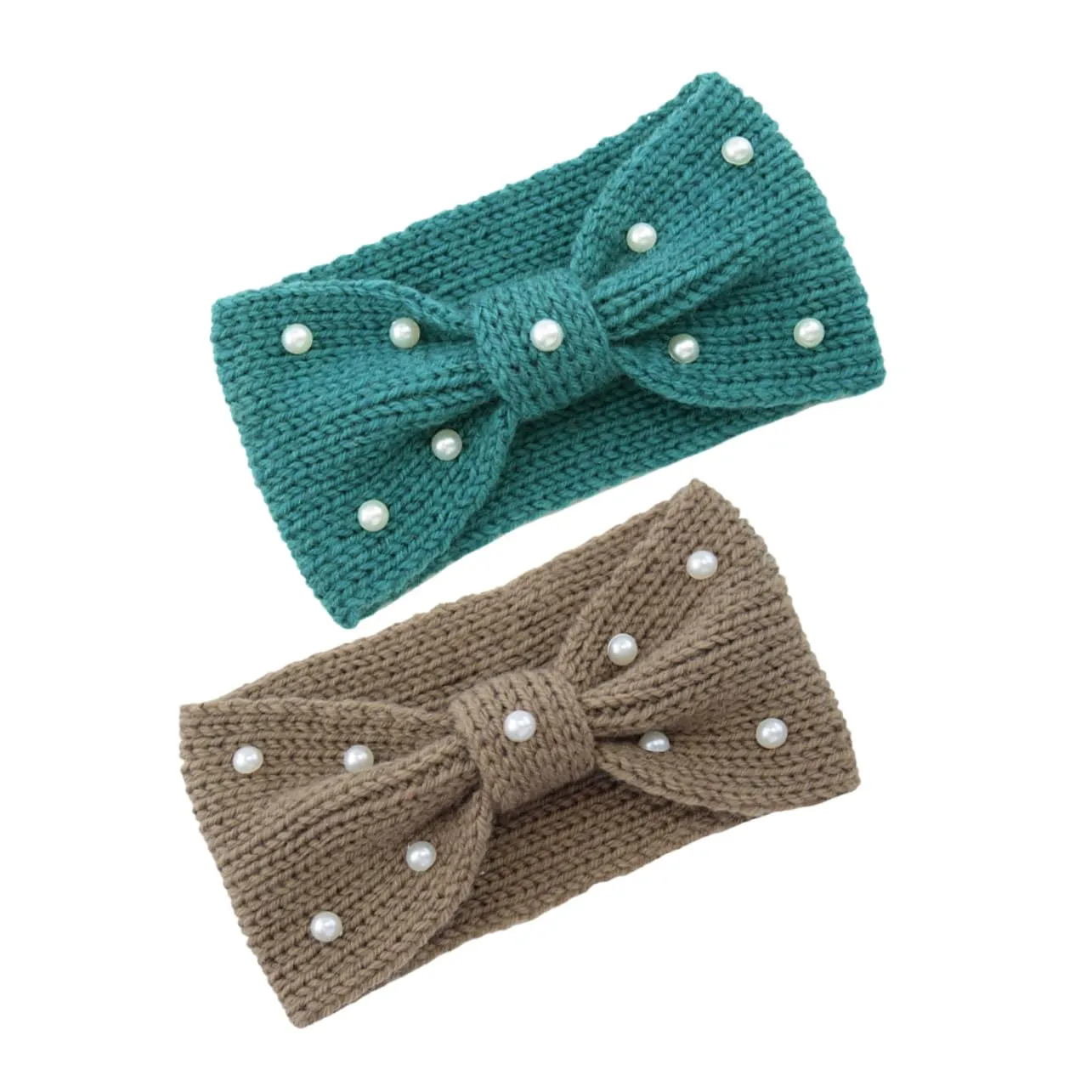 Didiseaon 2pcs Knitted Pearl Bow Headband Warm Ear Warmer Headwrap for Women Knotted Hairband Vintage Crochet Turban Stylish Hair Accessory Stretchy Fit