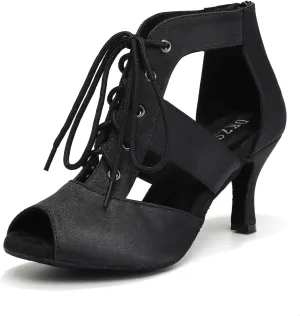 DKZSYIM Women's Open Toe Ankle Dance Boots Ballroom Lace-up Latin Salsa Dance Shoes,D43-Black-7.5,US 9