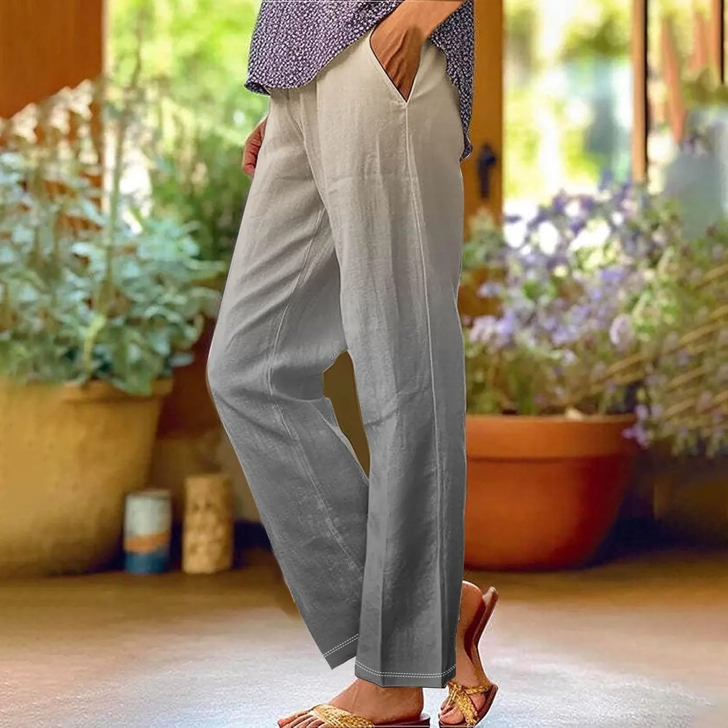 Drawstring Linen Pants Women Floral Cotton Linen Casual Pants Black Linen Pants Women Cropped Linen Pants Women
