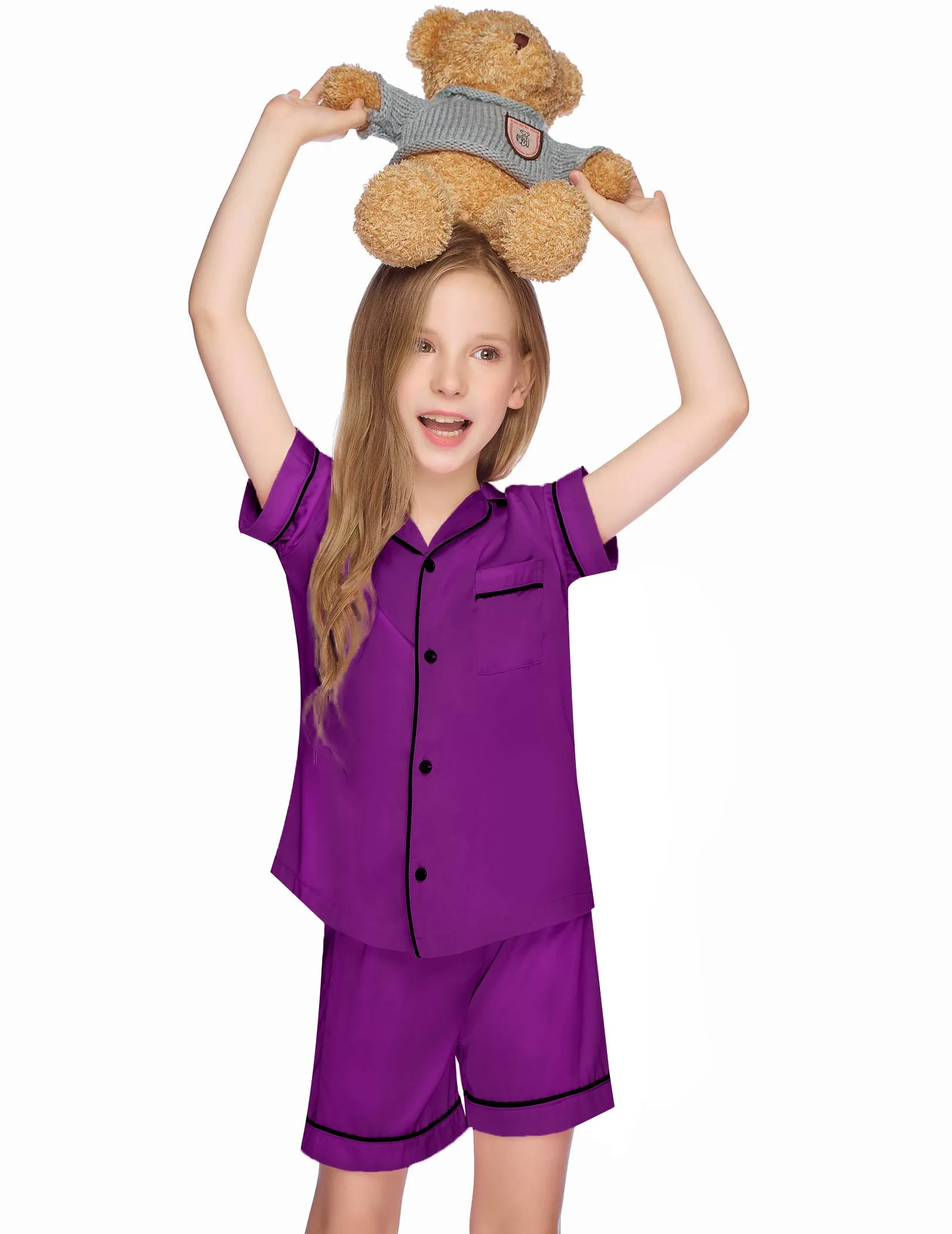Ekouaer Kids Satin Button-Down Pajamas Set (US Only)