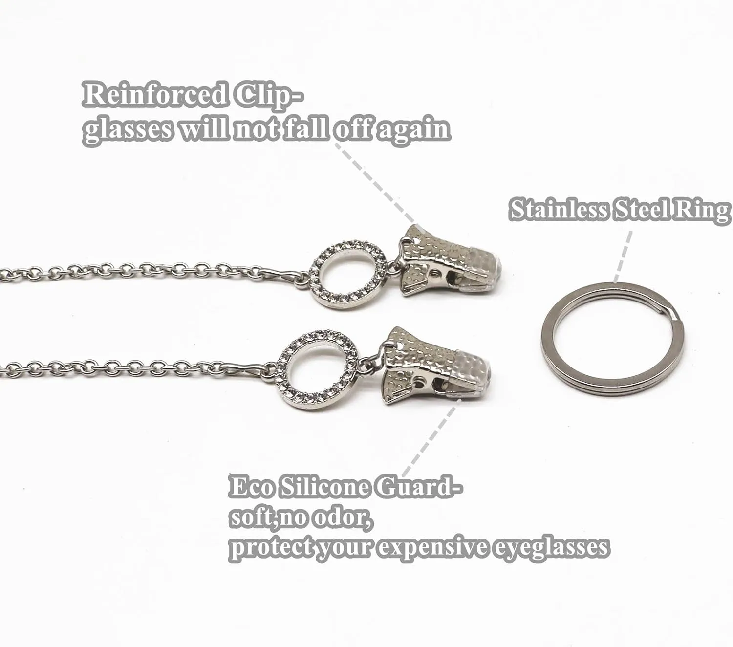 Eyeglasses Holder Clips Stainless Steel Necklace Ring for Men Women Glasses Strap Rhinestone Sunglasses Loop Chain