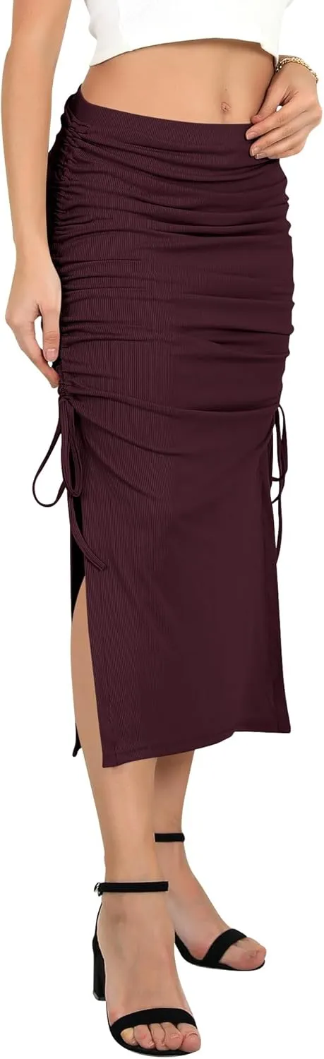 Ezcosplay Women High Waisted Ribbed Skirt Side Split Slit Ruched Drawstring Bodycon Maxi Skirts