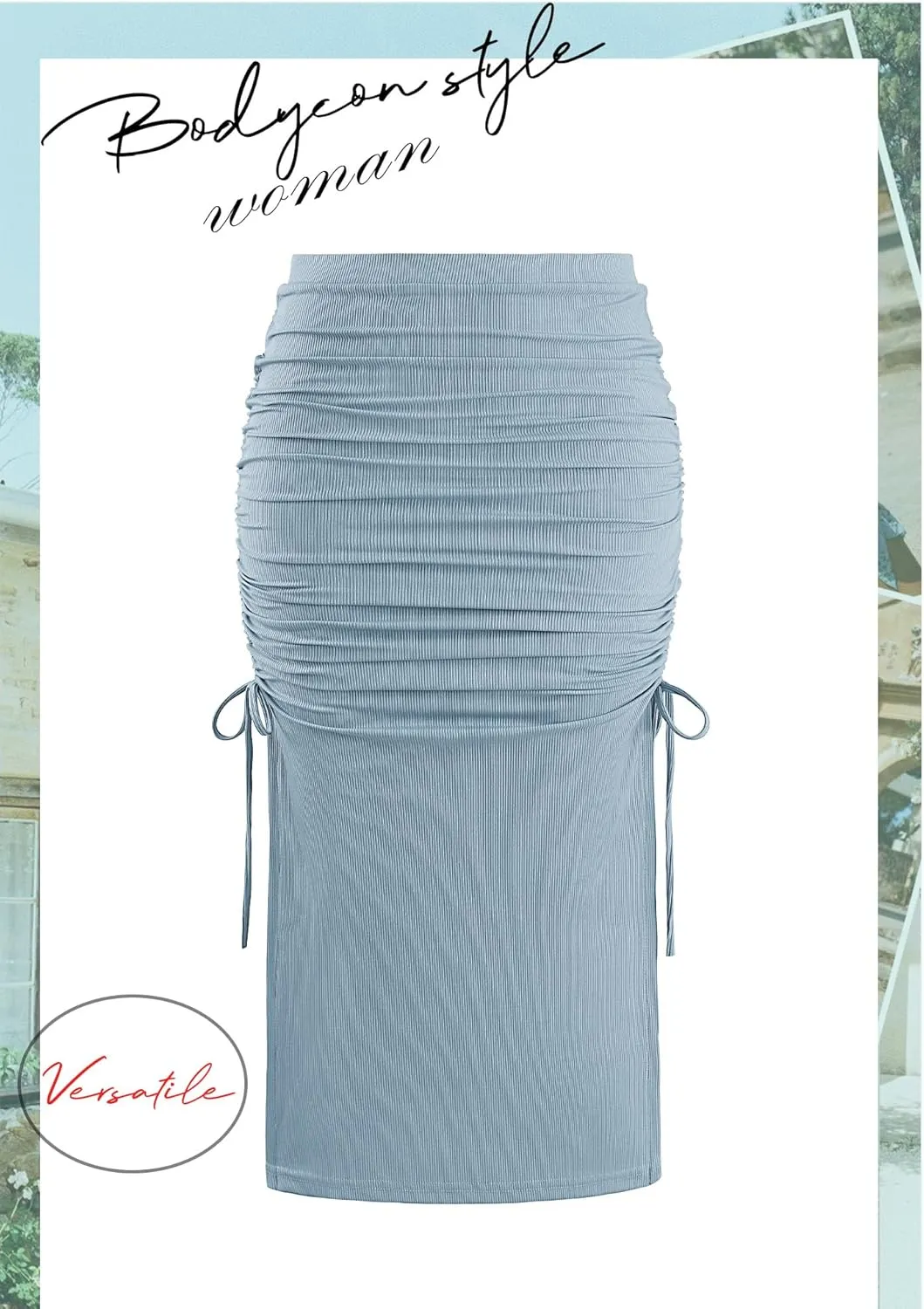 Ezcosplay Women High Waisted Ribbed Skirt Side Split Slit Ruched Drawstring Bodycon Maxi Skirts