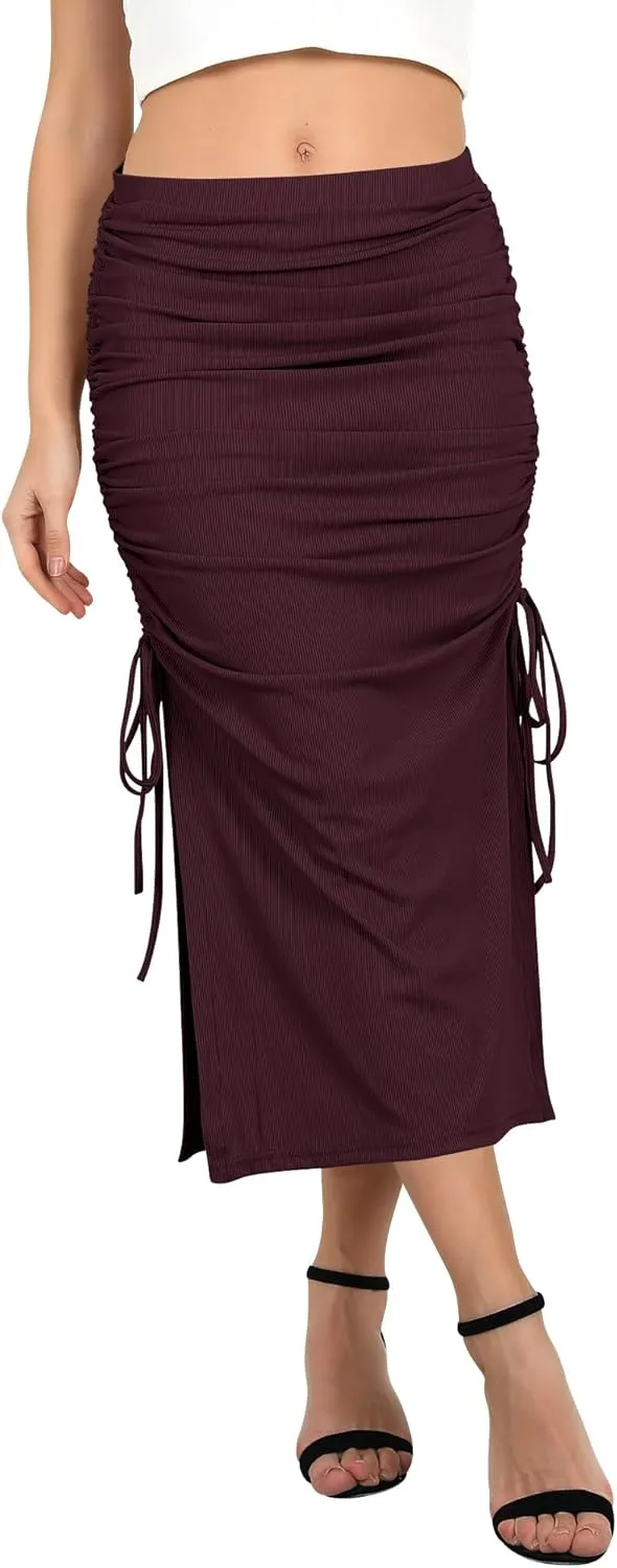 Ezcosplay Women High Waisted Ribbed Skirt Side Split Slit Ruched Drawstring Bodycon Maxi Skirts
