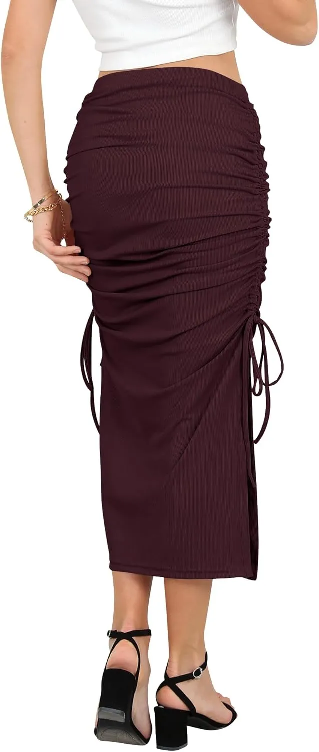 Ezcosplay Women High Waisted Ribbed Skirt Side Split Slit Ruched Drawstring Bodycon Maxi Skirts