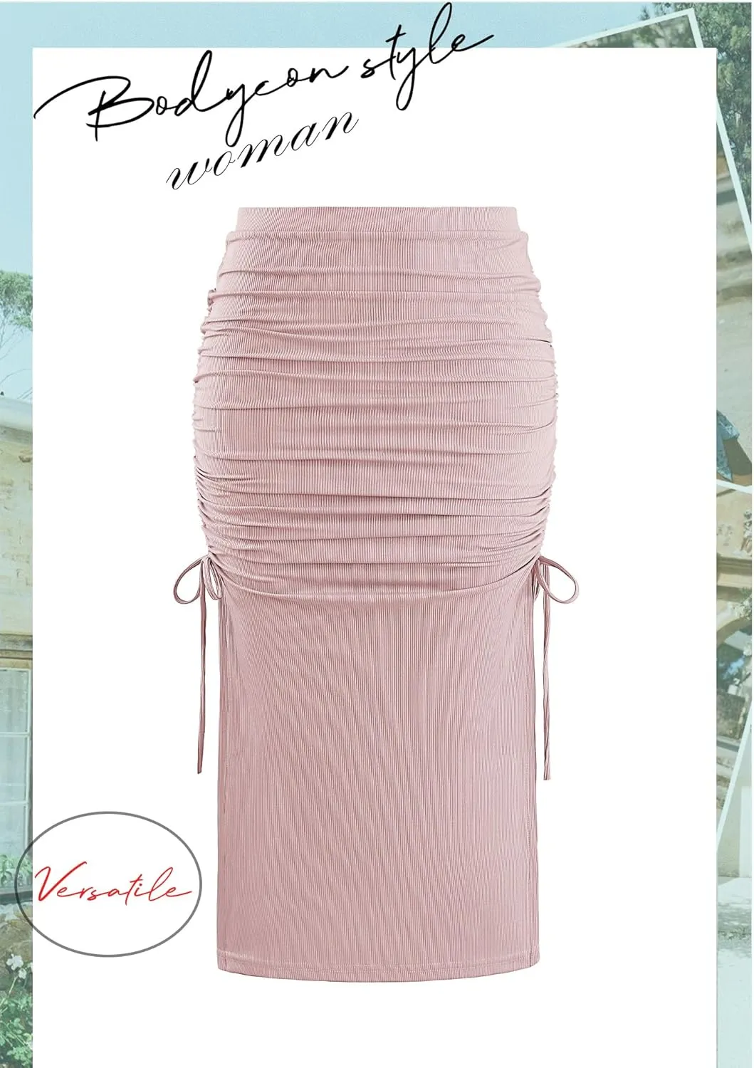 Ezcosplay Women High Waisted Ribbed Skirt Side Split Slit Ruched Drawstring Bodycon Maxi Skirts