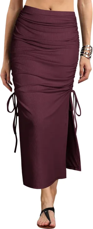 Ezcosplay Women High Waisted Ribbed Skirt Side Split Slit Ruched Drawstring Bodycon Maxi Skirts