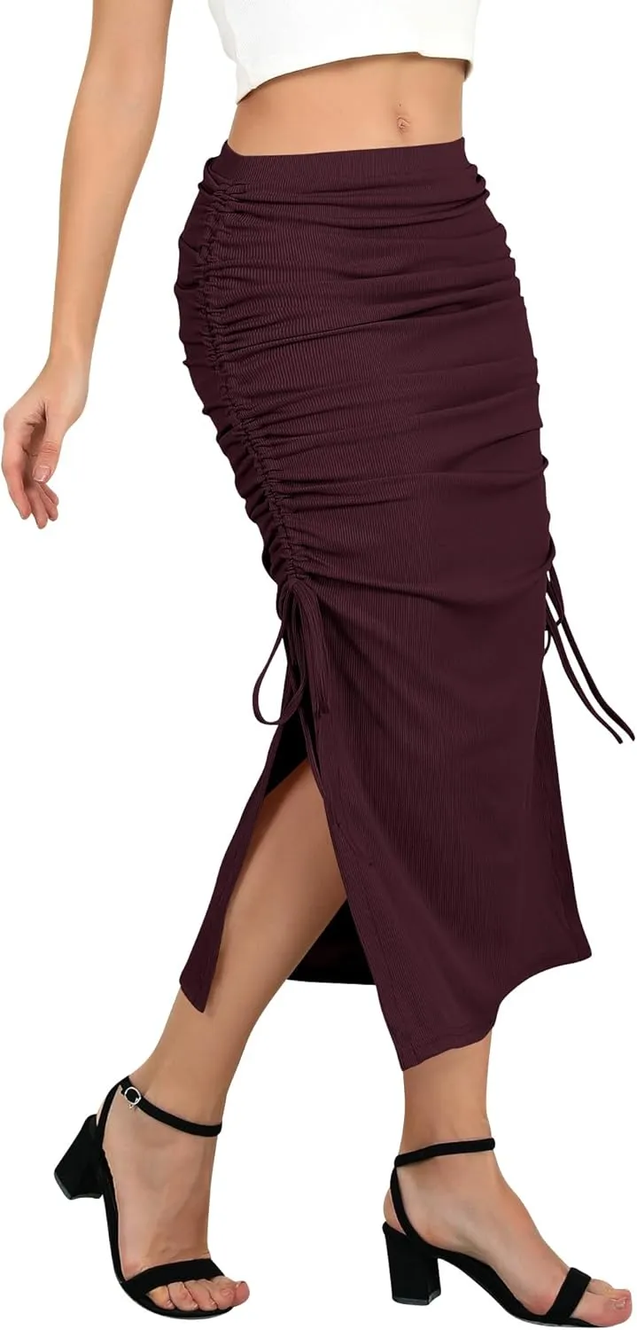 Ezcosplay Women High Waisted Ribbed Skirt Side Split Slit Ruched Drawstring Bodycon Maxi Skirts