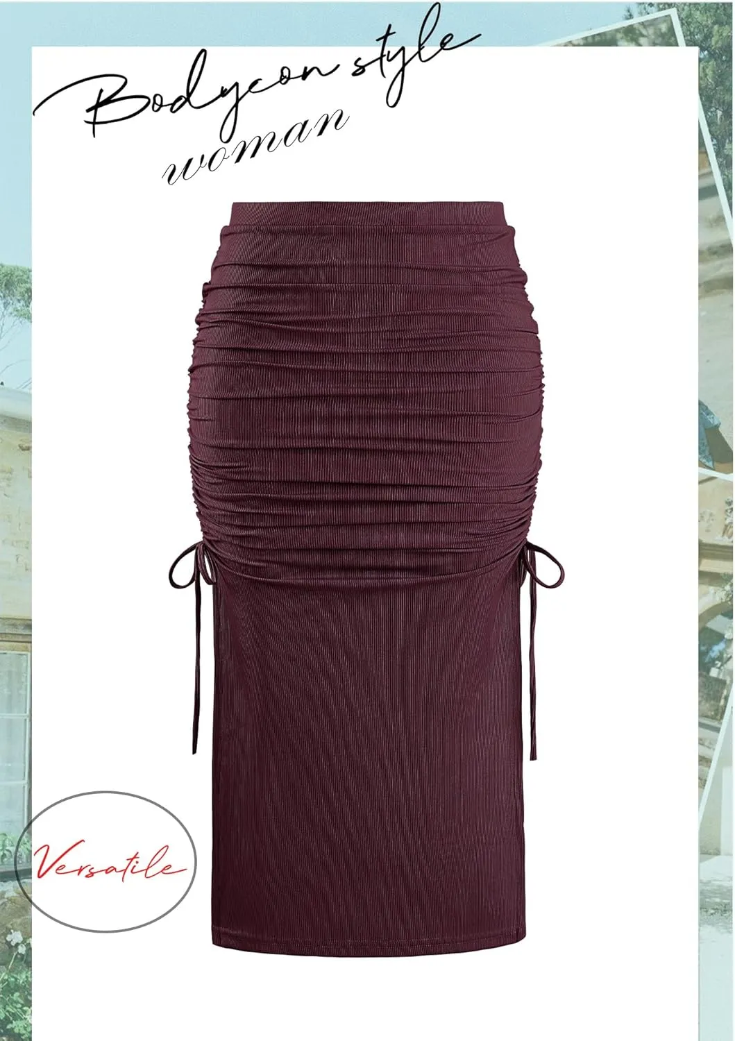 Ezcosplay Women High Waisted Ribbed Skirt Side Split Slit Ruched Drawstring Bodycon Maxi Skirts