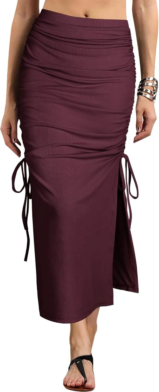 Ezcosplay Women High Waisted Ribbed Skirt Side Split Slit Ruched Drawstring Bodycon Maxi Skirts