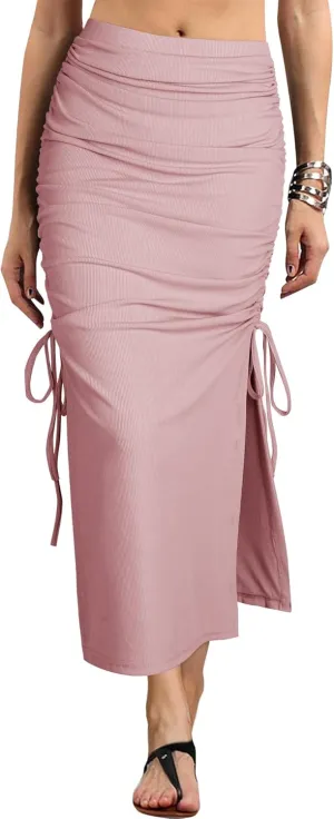 Ezcosplay Women High Waisted Ribbed Skirt Side Split Slit Ruched Drawstring Bodycon Maxi Skirts