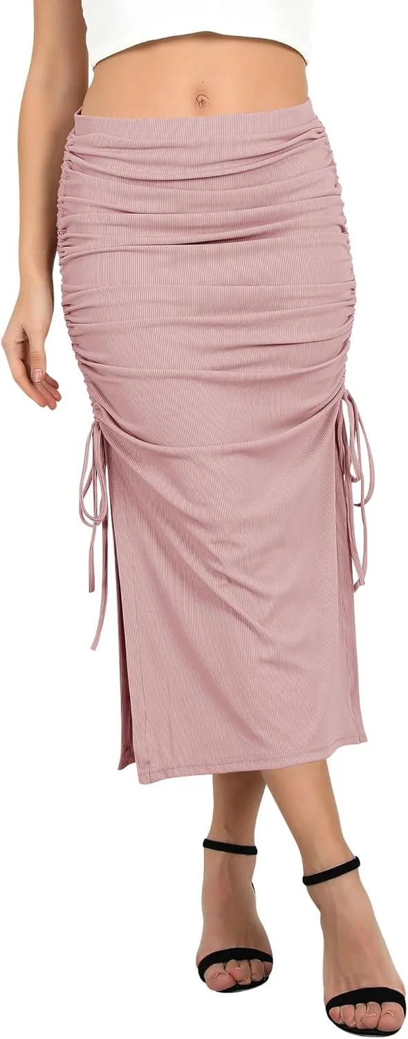 Ezcosplay Women High Waisted Ribbed Skirt Side Split Slit Ruched Drawstring Bodycon Maxi Skirts