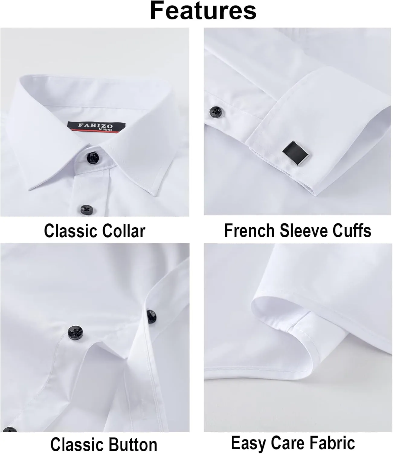 FAHIZO Men's White Tuxedo Shirt with Wing Collar, French Cuffs & Accessories