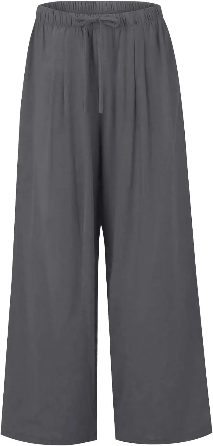 fanmpghleoo Linen Palazzo Pants for Women Casual Wide Leg Linen Pants Summer Drawstring High Waisted Trousers with Pockets
