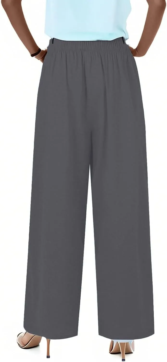 fanmpghleoo Linen Palazzo Pants for Women Casual Wide Leg Linen Pants Summer Drawstring High Waisted Trousers with Pockets