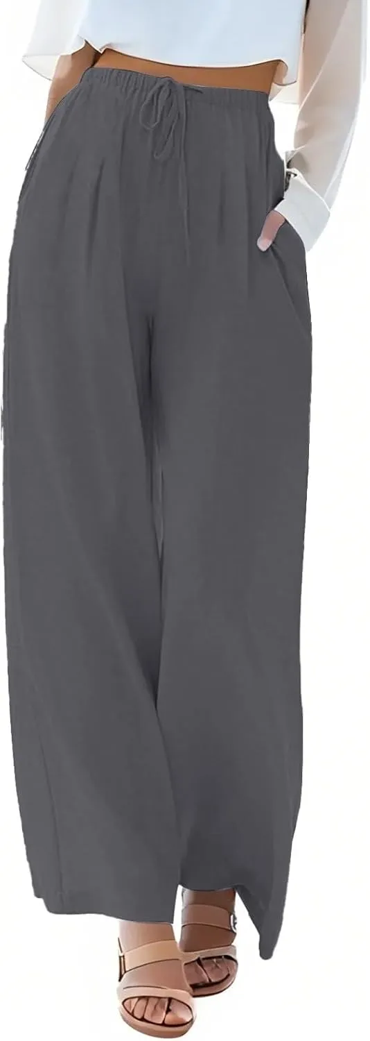 fanmpghleoo Linen Palazzo Pants for Women Casual Wide Leg Linen Pants Summer Drawstring High Waisted Trousers with Pockets