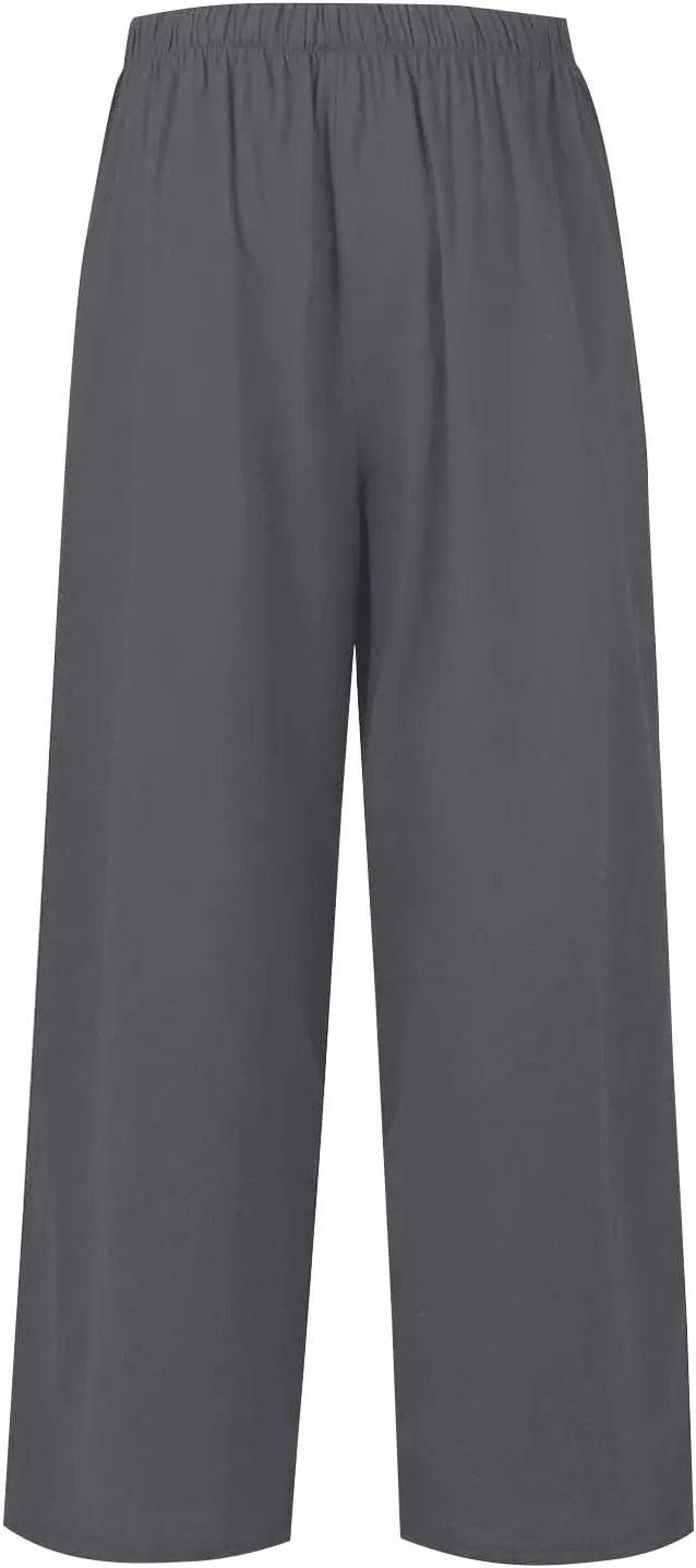 fanmpghleoo Linen Palazzo Pants for Women Casual Wide Leg Linen Pants Summer Drawstring High Waisted Trousers with Pockets