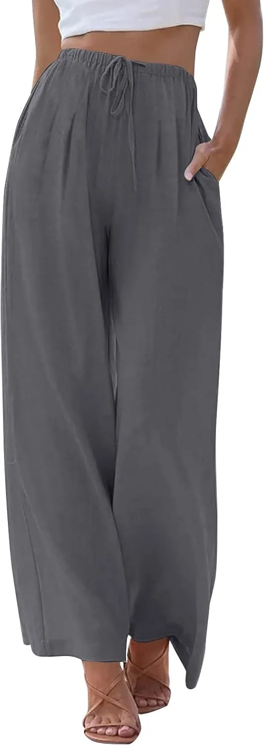 fanmpghleoo Linen Palazzo Pants for Women Casual Wide Leg Linen Pants Summer Drawstring High Waisted Trousers with Pockets