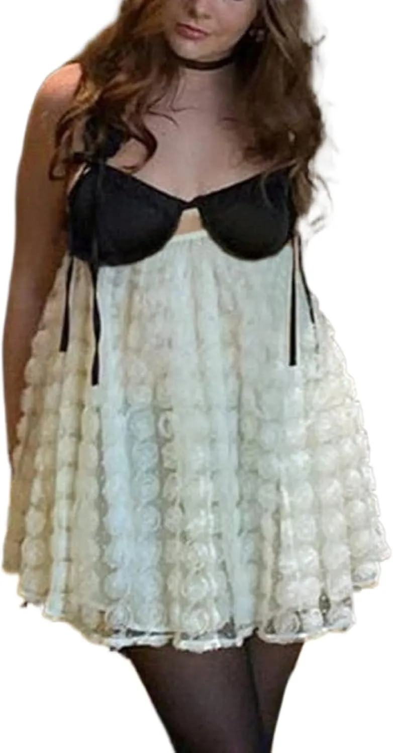 Faretumiya Women Y2k Lace Sheer Mini Dress Mesh Spaghetti Strap Bodycon Dress Fairy Short Ruffle Dress Clubwear