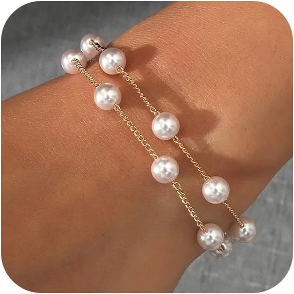 Fashion Layered Pearl Bracelets for Women Dainty Freshwater Pearls Gold Link Chain Double Layering Bracelet Trendy Prom Party Holiday Jewelry Gifts
