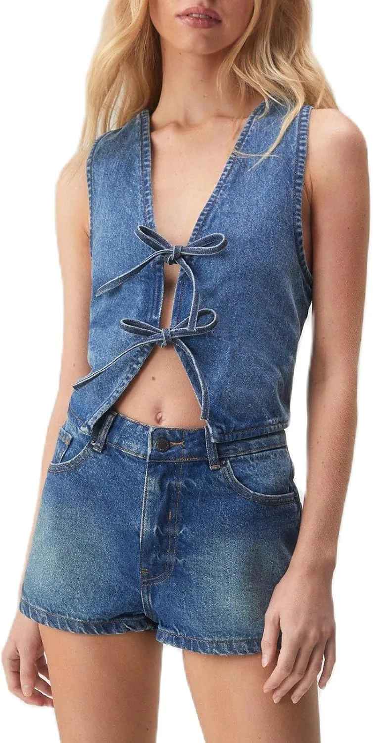 Fashion Women Tie Front Denim Top Sleeveless Jean Vest Jacket Y2k Girls Sexy Cropped Tank Tops Streetwear
