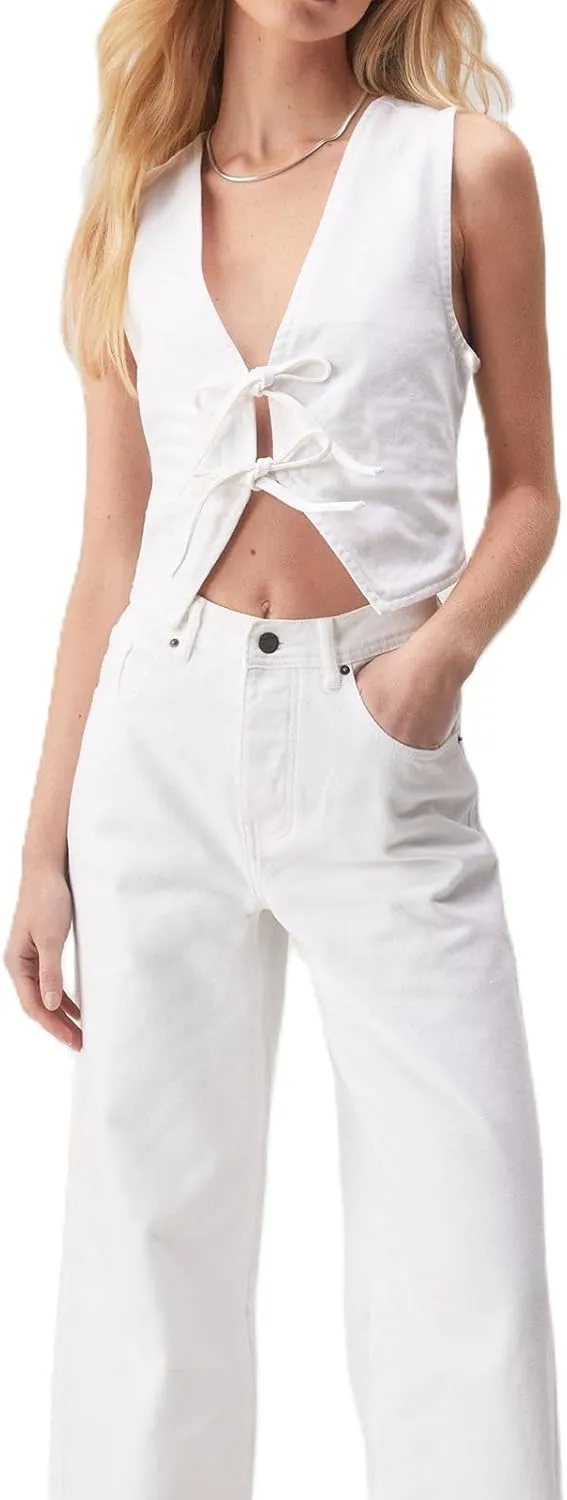 Fashion Women Tie Front Denim Top Sleeveless Jean Vest Jacket Y2k Girls Sexy Cropped Tank Tops Streetwear