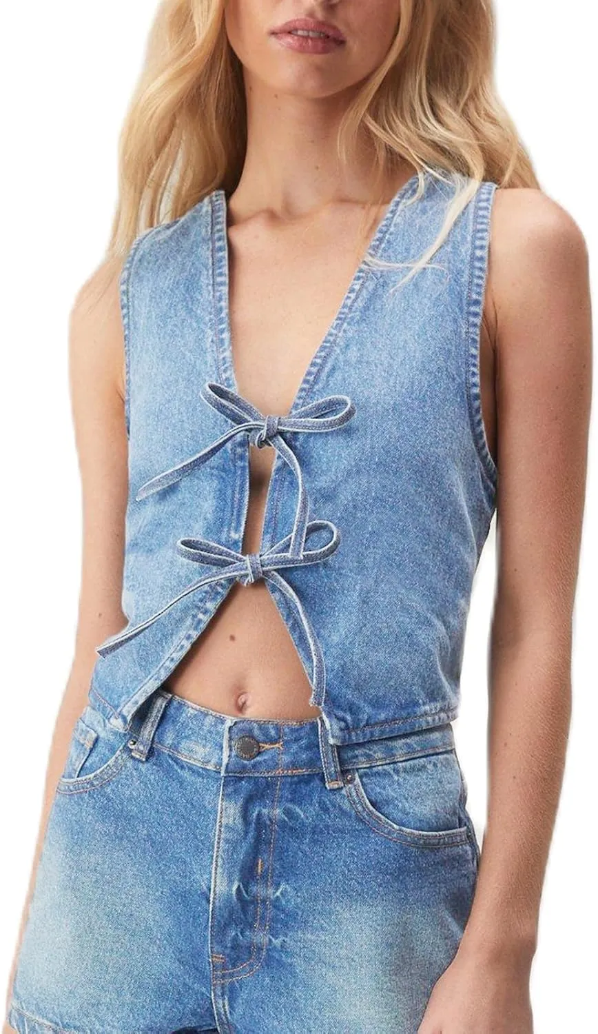 Fashion Women Tie Front Denim Top Sleeveless Jean Vest Jacket Y2k Girls Sexy Cropped Tank Tops Streetwear