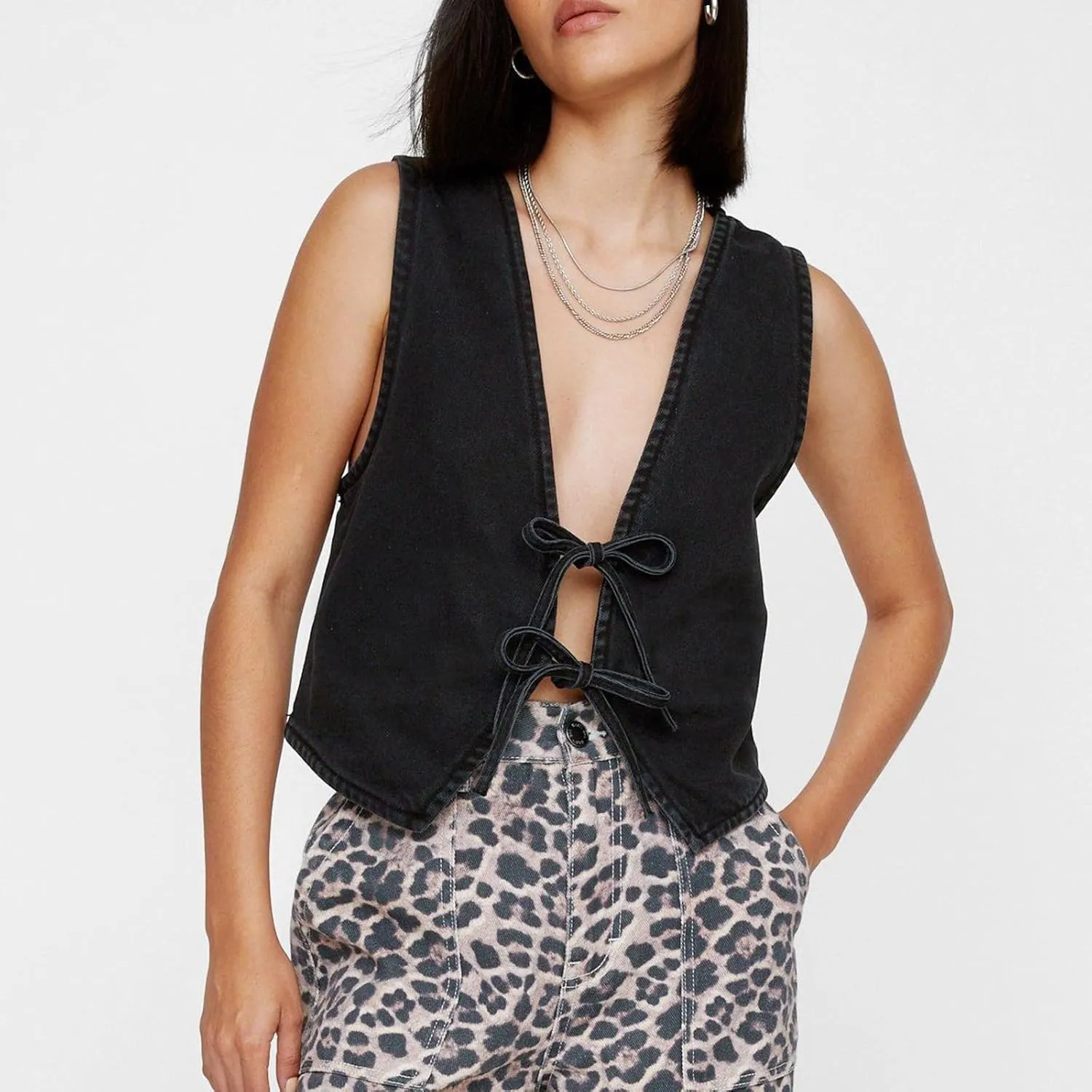 Fashion Women Tie Front Denim Top Sleeveless Jean Vest Jacket Y2k Girls Sexy Cropped Tank Tops Streetwear