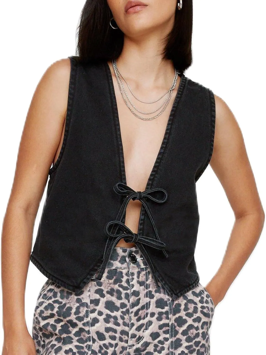 Fashion Women Tie Front Denim Top Sleeveless Jean Vest Jacket Y2k Girls Sexy Cropped Tank Tops Streetwear
