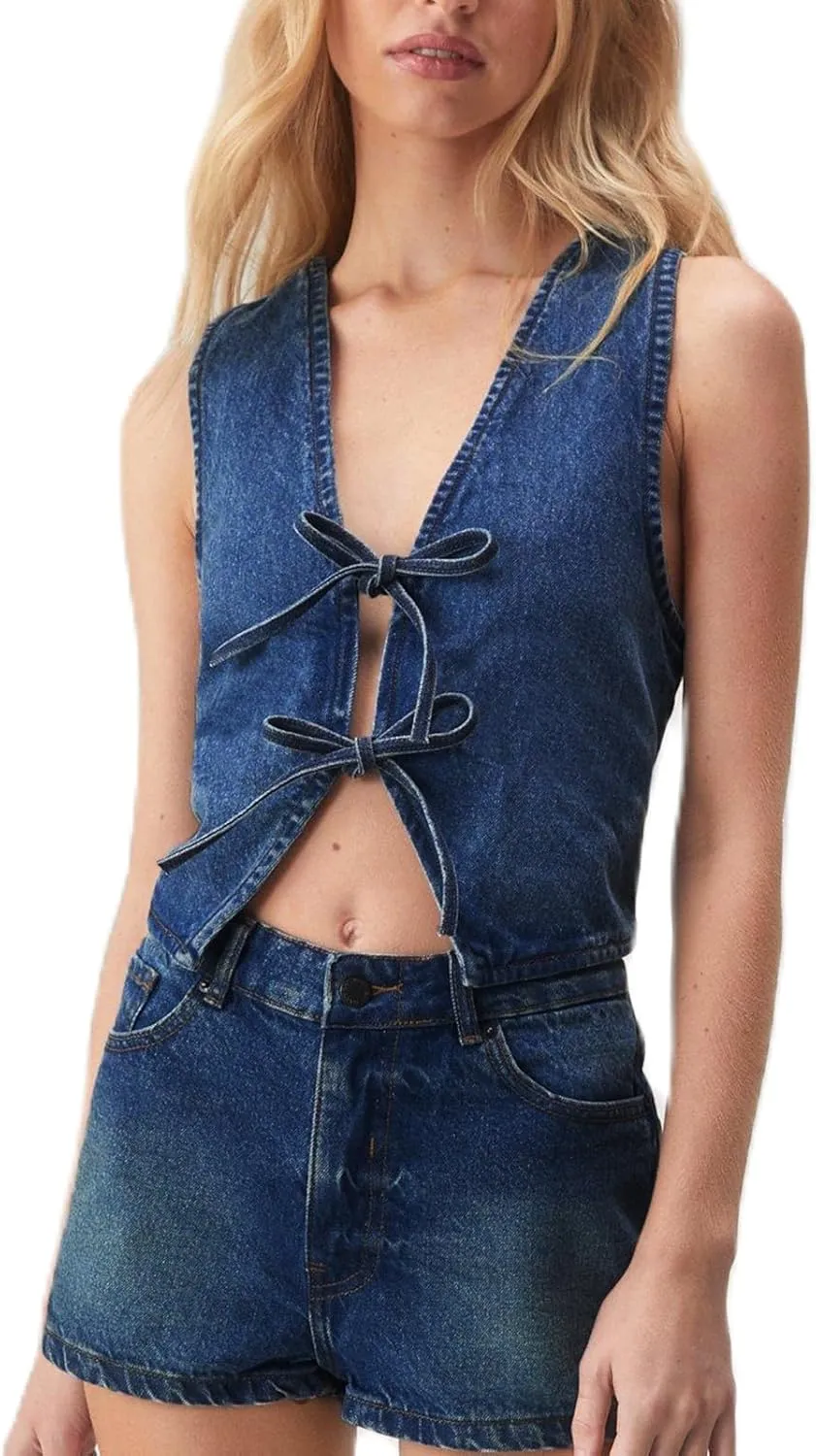 Fashion Women Tie Front Denim Top Sleeveless Jean Vest Jacket Y2k Girls Sexy Cropped Tank Tops Streetwear